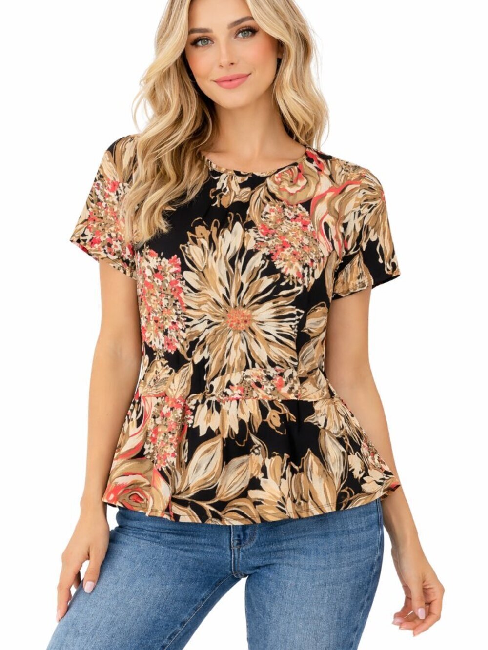 Trina Turk Floral Peplum Blouse Size 2  Short Sleeve Brown Black Preppy Work